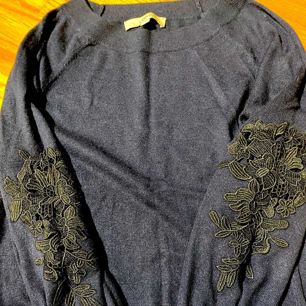 LOFT navy sweater with lace arm design